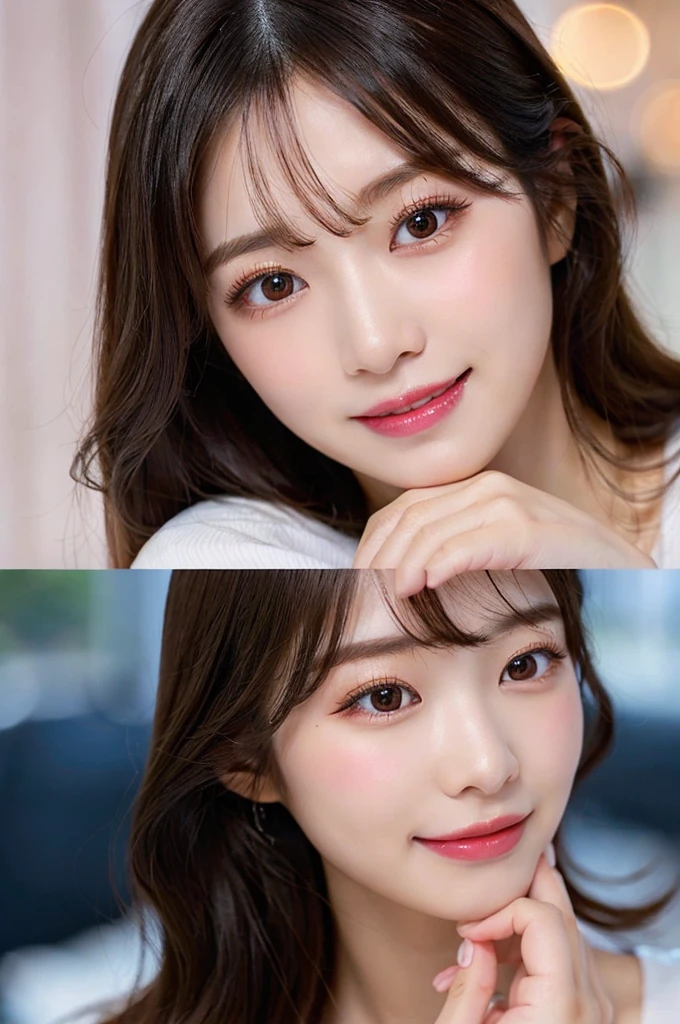 (((big laugh))), high-level image quality、20 year old Korean girl photo, raw, cute face, ((Portrait)), ((Detailed face:1.2)), ((A detailed face Characterized by fine skin), pale skin, , (cold color), moist, moist, reflector stay piece) (perfectly proportions)(photos realistic)(Best Quality) photographed in a Canon EOS R5, 50mm Lens,(8K), very long upper eyelashes、Very long lower eyelashes、Detailed lashes、Curled eyelashes、eyelash perm、Beautiful lashes, Glamorous makeup、Natural eyes、Oku Duplex、very beautiful eyelashes