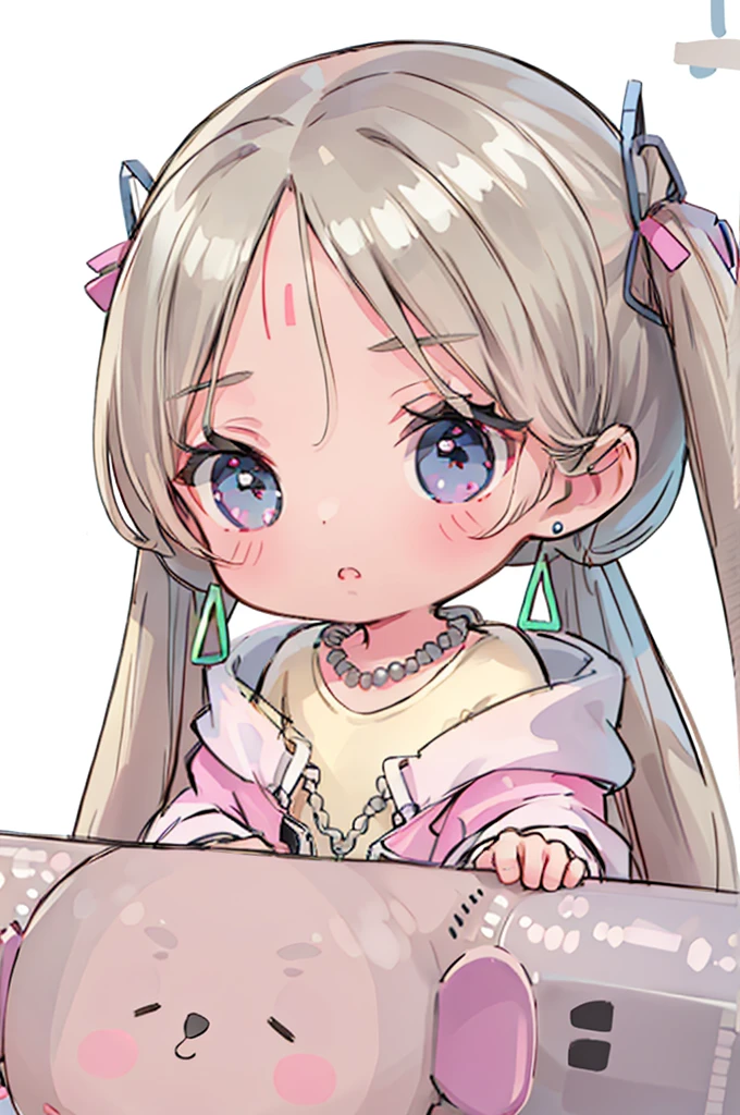 Realistic、Chibi Girl Doll、whole body、White background、Long Hair、hair ornaments、jewelry、Earrings、Twin tails、necklace、Face mark、Forehead mark、Long sleeve、Jacket、black tights、