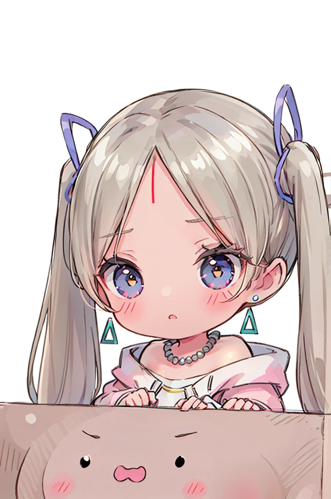 Realistic、Chibi Girl Doll、whole body、White background、Long Hair、hair ornaments、jewelry、Earrings、Twin tails、necklace、Face mark、Forehead mark、Long sleeve、Jacket、black tights、