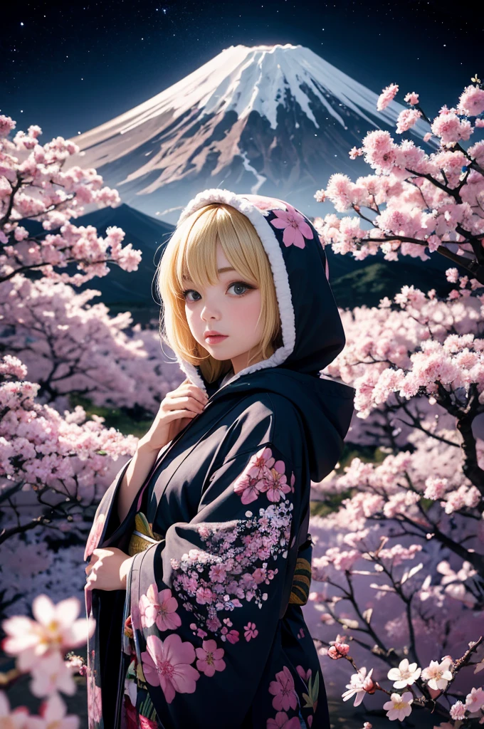One girl in her 30s,(blonde_hair:1.1),(zenTangle, Mandala, Tangle, enTangle:0.6),(Fractal Art),The most beautiful form of chaos,Brutalist Design, The most beautiful、A Harajuku-style hooded kimono with attention to detail, Cherry blossoms blowing in the wind, Charmed, beautiful, psychedelic, Atmospheric, universe ,Mount Fuji in the background