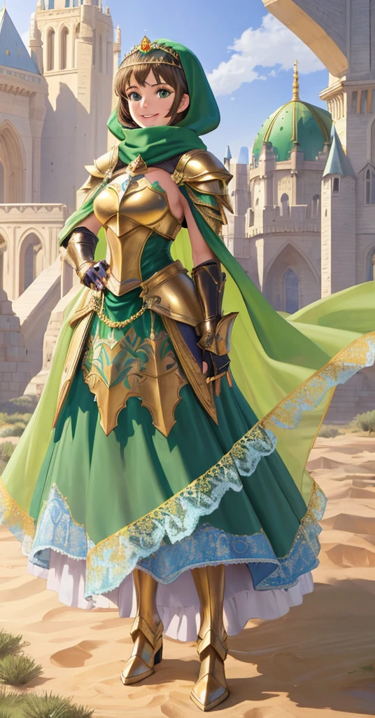 masterpiece, best quality:1.2), 1girl, smile, looking at viewer, green eyes, short brown hair, princess, armor, blue hijab headscarf, pauldrons, armored dress, green cloak cape, wearing puffy blue ballgown skirt, golden tiara with green gem, armored boots, fingerless gloves, standing in front of desert castle