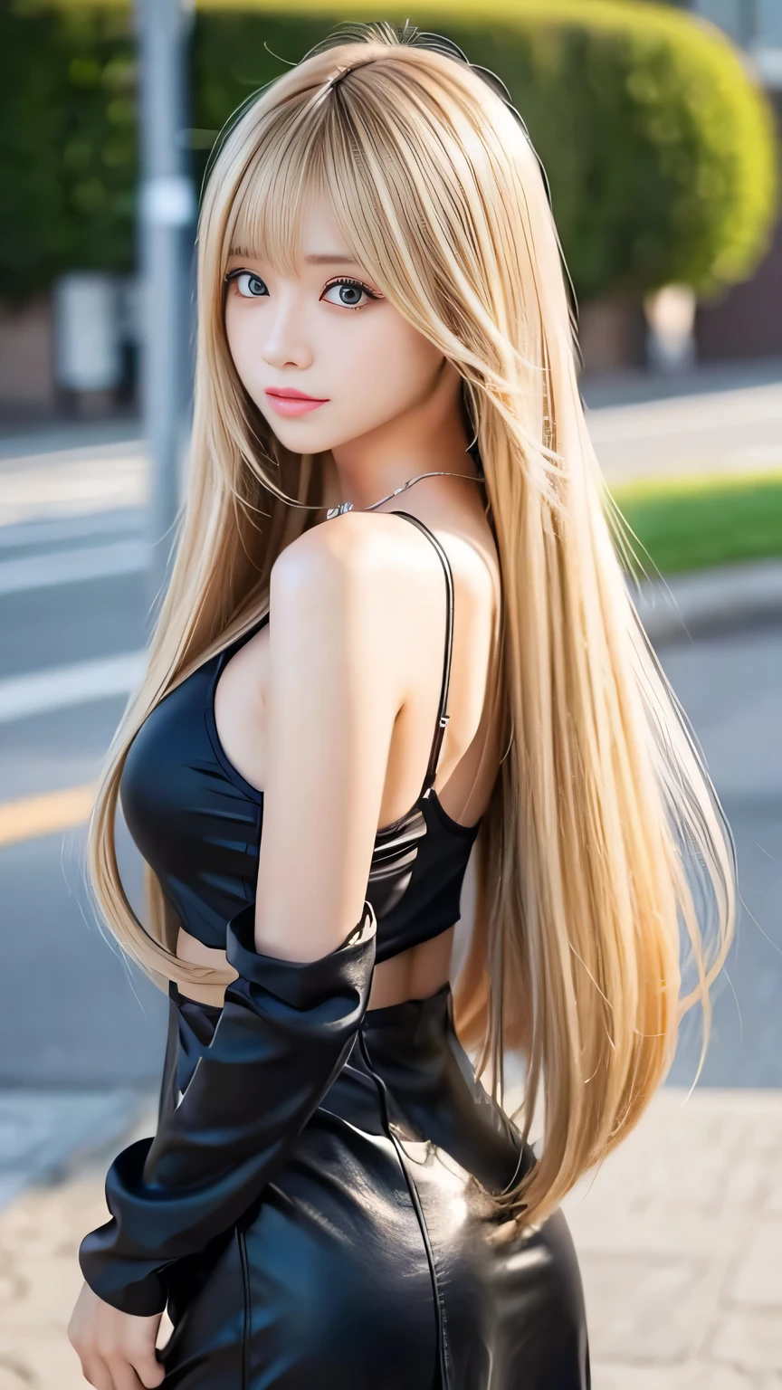 Sexy big 、Sexy cute looks and cute beautiful girl, Beautiful and sexy face、A strong wind blows my hair in front of my face、Long, metallic blonde straight hair、Beautiful, cute and sexy eyes hidden behind long bangs、Feminine clothing、