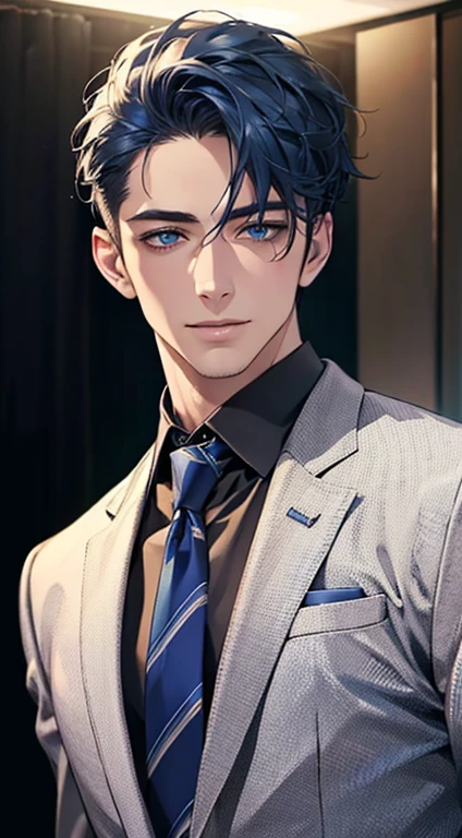 (Highest quality,4K,8K,High resolution,masterpiece:1.2),Super detailed,(Realistic,photoRealistic,photo-Realistic:1.37),1 person,31 years old,Mature Men,Beautiful skin、very handsome,Expressionless,smile,Short blue hair,blue eyes,Sharp Eyes,A perfect face without a doubt,Businessman,Office Background,Cinema Lighting,HDR image,tie、