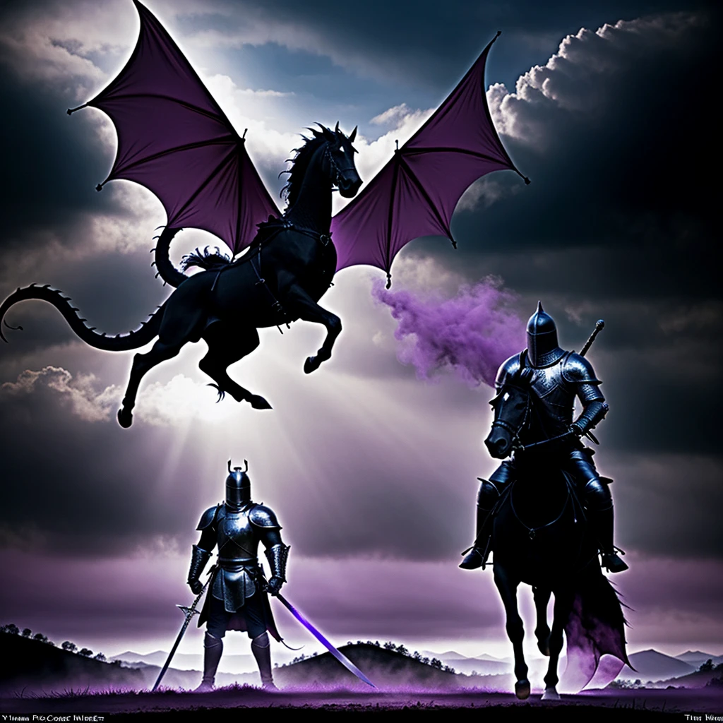 the black silhouette of a knight carrying a sword, standing in front of a creature with black scales and beautiful purple eyes, the creature resembles a dragon, which surrounds it with a beautiful purple mist, like a movie from the 1970s.
