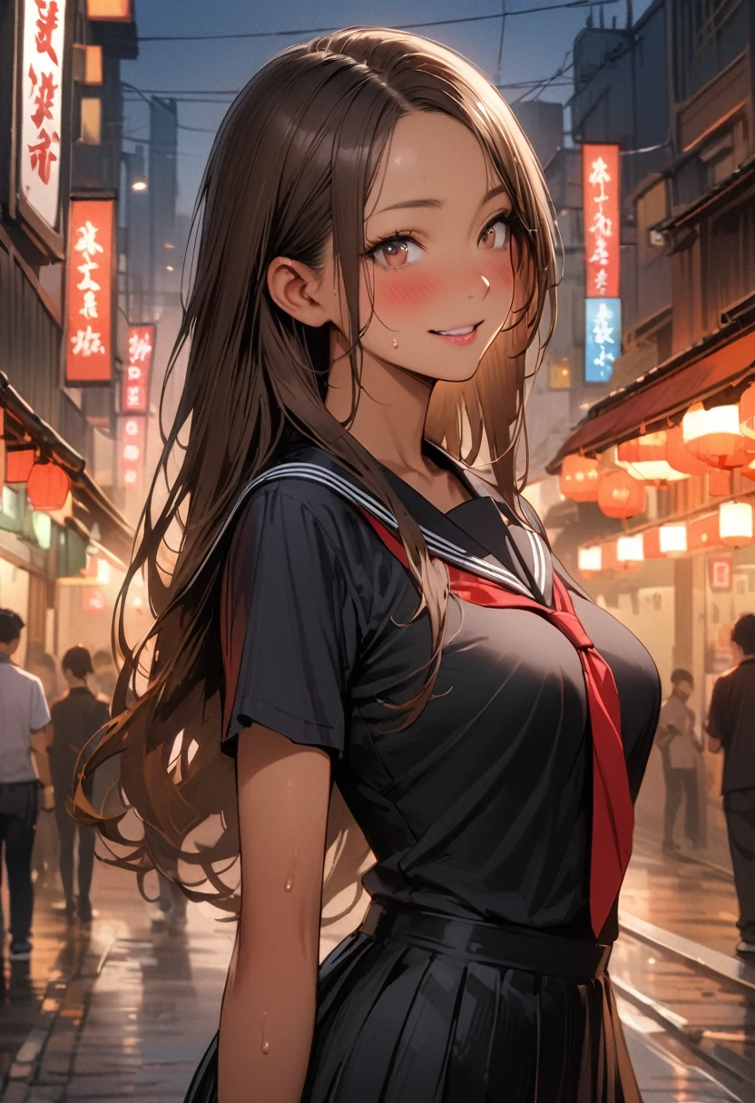 ((masterpiece,Highest quality:1.3,best quality illustration,realistic)),cowboy shot,独奏,1woman,(Mature Japan beauties)、brown hair,long hair,center parted bangs,brown eyes,gorgeous eyes,((very small head:1.3)),blush,smile,((very long body:1.2,skinny)),medium breasts,(tan skin:1.4), (gleaming skin,toned body,slender body),sweat,、Black sailor suit、Short sleeve、Black pleated mini skirt、on street,Tokyo、