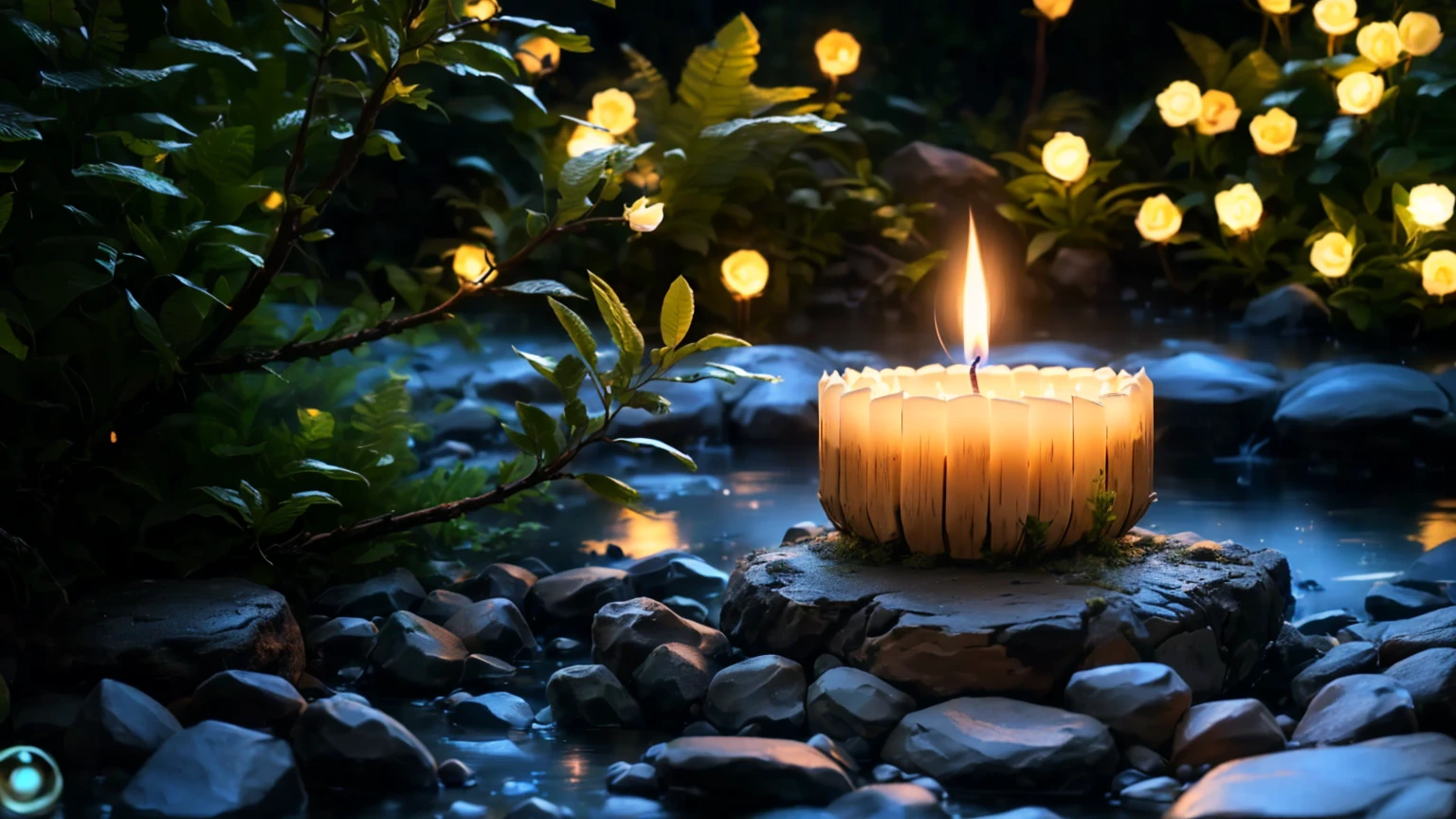 there is a lit Candles sitting on a rock in the water, Peaceful atmosphere, Candles lights, Candles light, Candles lit, Candleslit, natural Candles lighting, Night atmosphere, the Candles is on a wooden table, lit with Candless, Relaxed atmosphere, Candleslight, cozy Candleslight, glowing Candless, Beautiful atmosphere, Candles lighting, Candles lightning, Candles, Softly lit