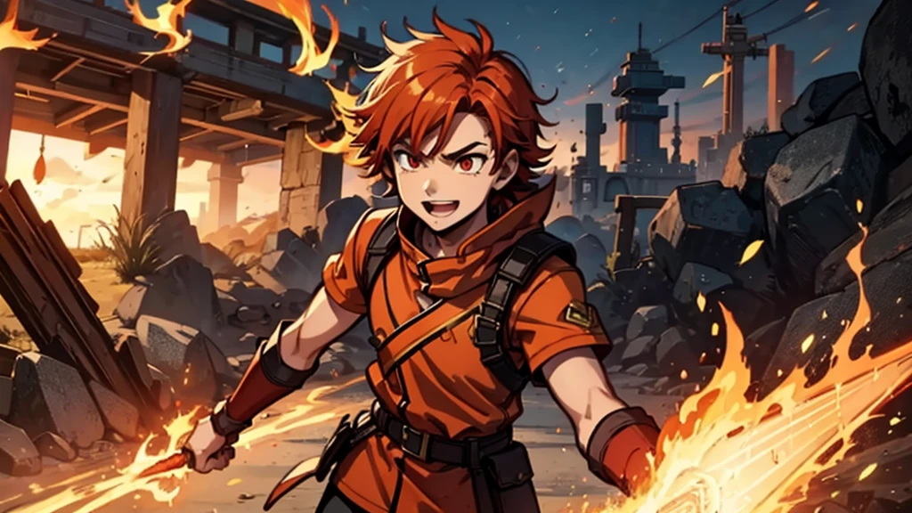 youth，Boys，Red hair，flame，Cheerful，Sunlight，warrior，Orange clothes，brave，Fire Element
