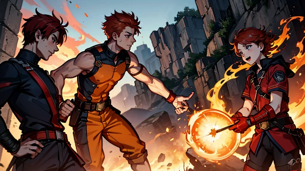 youth,Boys,Red hair,flame,Cheerful,Sunlight,warrior,Orange clothes,brave,Fire Element