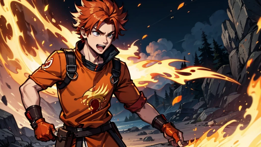youth,Boys,Red hair,flame,Cheerful,Sunlight,warrior,Orange clothes,brave,Fire Element