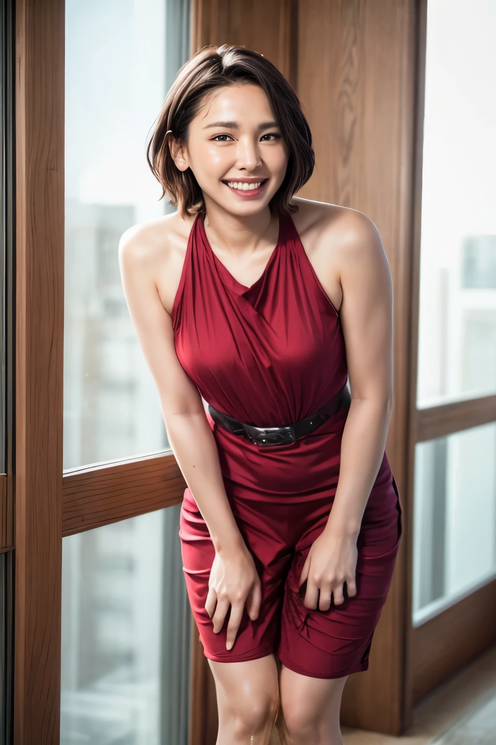 (nsfw:-2.0), (realistic, photo-realistic:1.4), (masterpiece, best quality:1.2), RAW photo, high resolution, intricate details, extremely detailed, realistic and sharp details, cinematic lighting, full body, frontal photography, view from below, looking at viewer, solo, a Japanese woman, (standing with spread legs, leaning forward), (one-piece dress:1.4), pamps, dark hair, short hair, (detailed face, detailed eyes, sophisticated nose), pale skin, fine-textured skin, (cheerful grin, teeth out), (peeing self, pee stain, urination:1.5), urine puddle, wetting self, photo background, indoors, meeting room in office, daytime,