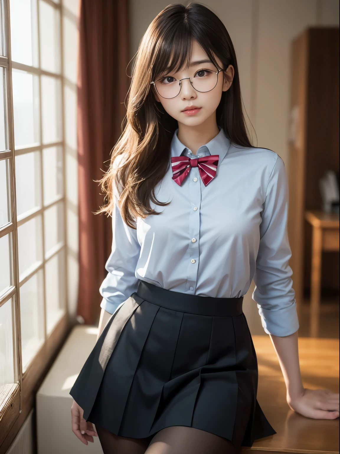 (8K、生photograph、Highest quality、masterpiece:1.2),(Small breasts)、(Small breasts)、(Small breasts)、(Small breasts)、Narrow eyes、Look straight ahead、pupil,De Pere Blanca,(Black Pantyhose),Small face、Chest is petanko,前hairを真ん中から分ける,The forehead is visible,(business,Glare,strong,Are thin,Irritation、strong、Saucy)、masterpiece,Highest quality,Ultra-high resolution,生photograph,even,beautiful、One person,One person,Glasses,,Strong face、丸Glasses、cute、JK、high school girl、Japanese women、Are standing、(PhotoReactive:1.37)、Photon Mapping、Light blue ribbon、Real、cute小さな顔、Brown eyes、Black socks、(Red bow tie)、Radio City、Physically Based Rendering、Prospect、Character boundary depth、Blurred Background、photograph、girl、body、Beautiful feet、Long legs、Thin legs、(前hairが見える)、hair、lips、blue_The目、Soft Nose、(Light blue shirt)、High school uniforms、I can see your knees、See-through clothing、Thighs、black cotton socks、Nogizaka Idol、、Japan Ido
