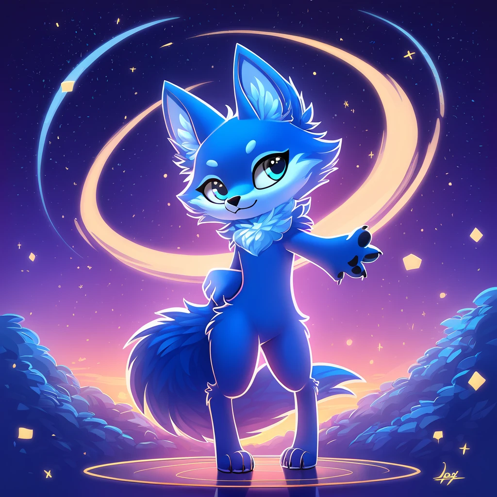 super fluffy cosmic blue fox in dreamworks art style, evening background