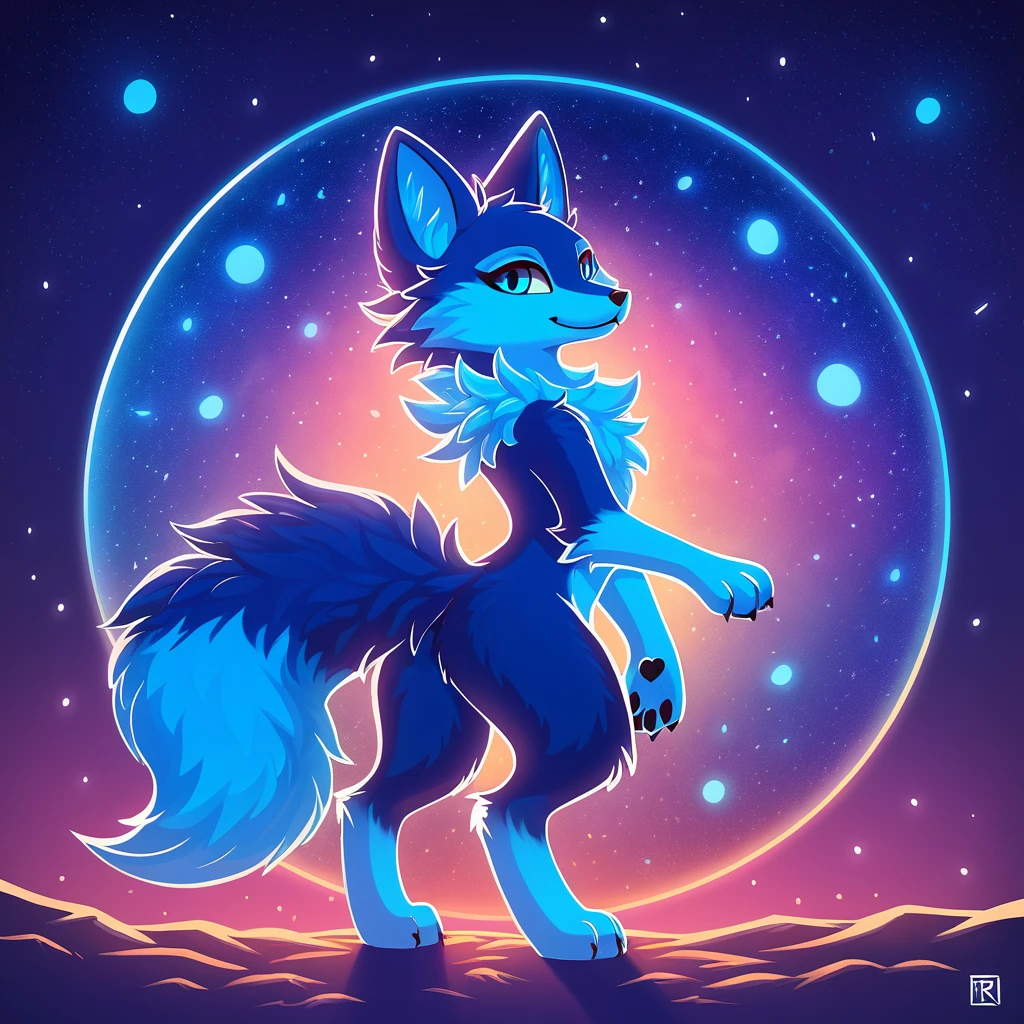 super fluffy cosmic blue fox in dreamworks art style, evening background