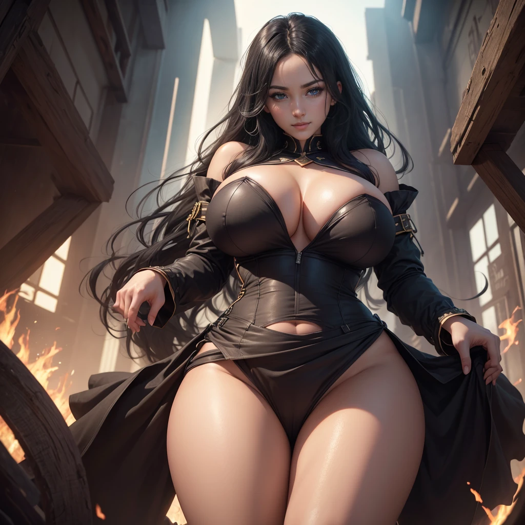 Highly detailed CG unit 8K wallpaper, masterpiece, High resolution, highest quality, highest quality real texture skin, Super Real, Digital Painting, Best image quality, 最High resolution, 8K, (Full Body Shot, Shooting from below, looking at the camera, Spread your legs wide, Highly detailed eyes and face, Beautiful eyes in every detail), smile, grin, black hair, gigantic breasts, sagging breasts, Heavy chest, Long breasts, Disproportionate breasts, Huge breasts, Big Breasts, curvy,