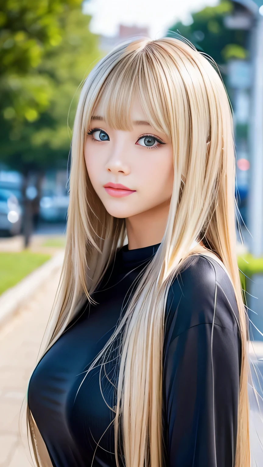 Sexy big 、Sexy cute looks and cute beautiful girl, Beautiful and sexy face、A strong wind blows my hair in front of my face、Long, metallic blonde straight hair、Beautiful, cute and sexy eyes hidden behind long bangs、Feminine clothing、