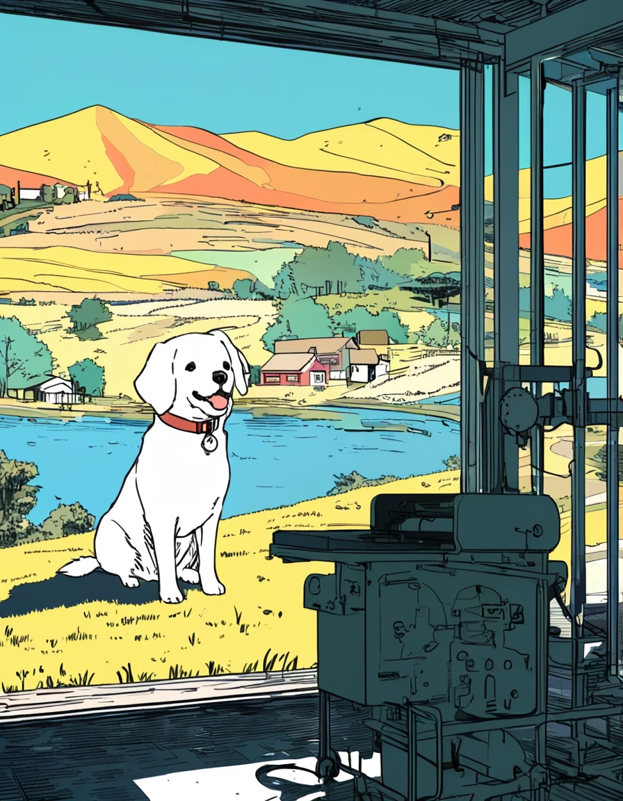 extremely clear 8K wallpaper, pop art, extremely beautiful scenery:1.3, absurdres, masterpiece, pixiv contest winner, by Posuka Demizu, Sketch of transparent manga girl drawn with white lines, standing in front of the bending machine, a doggo is sitting by her and looking at her., countryside scenery, summer day, blend of 3D photography and 2D line art, nostalgic atmosphere.