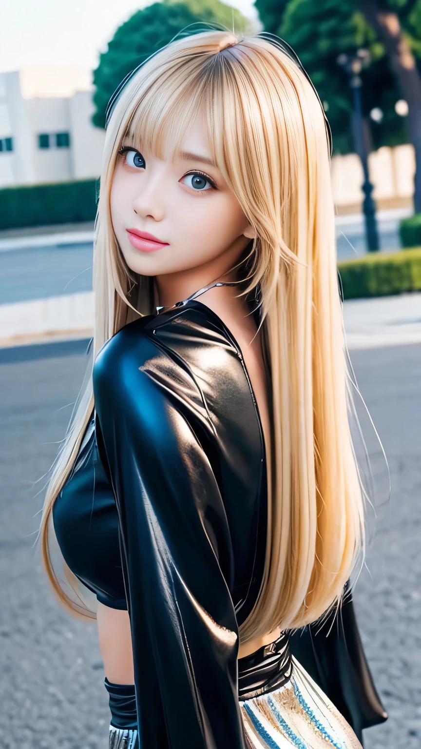 Sexy big 、Sexy cute looks and cute beautiful girl, Beautiful and sexy face、A strong wind blows my hair in front of my face、Long, metallic blonde straight hair、Beautiful, cute and sexy eyes hidden behind long bangs、Feminine clothing、