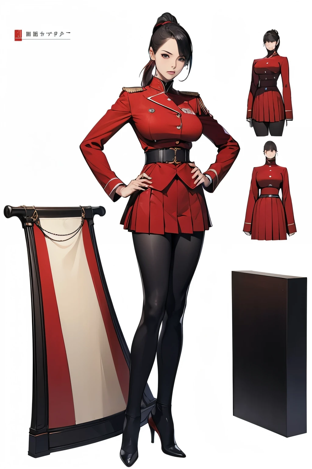 masterpiece, Highest quality, Red clothes、ponytail、mascot, Epaulettes, uniform, Pleated skirt, Leather pants, Big Breasts, View your viewers, Are standing、whole body, knees、Toes、Black pumps、Flat composition、Concept Art、White background、 Holding a sword、Put your left hand on your hip, Beautiful Hands