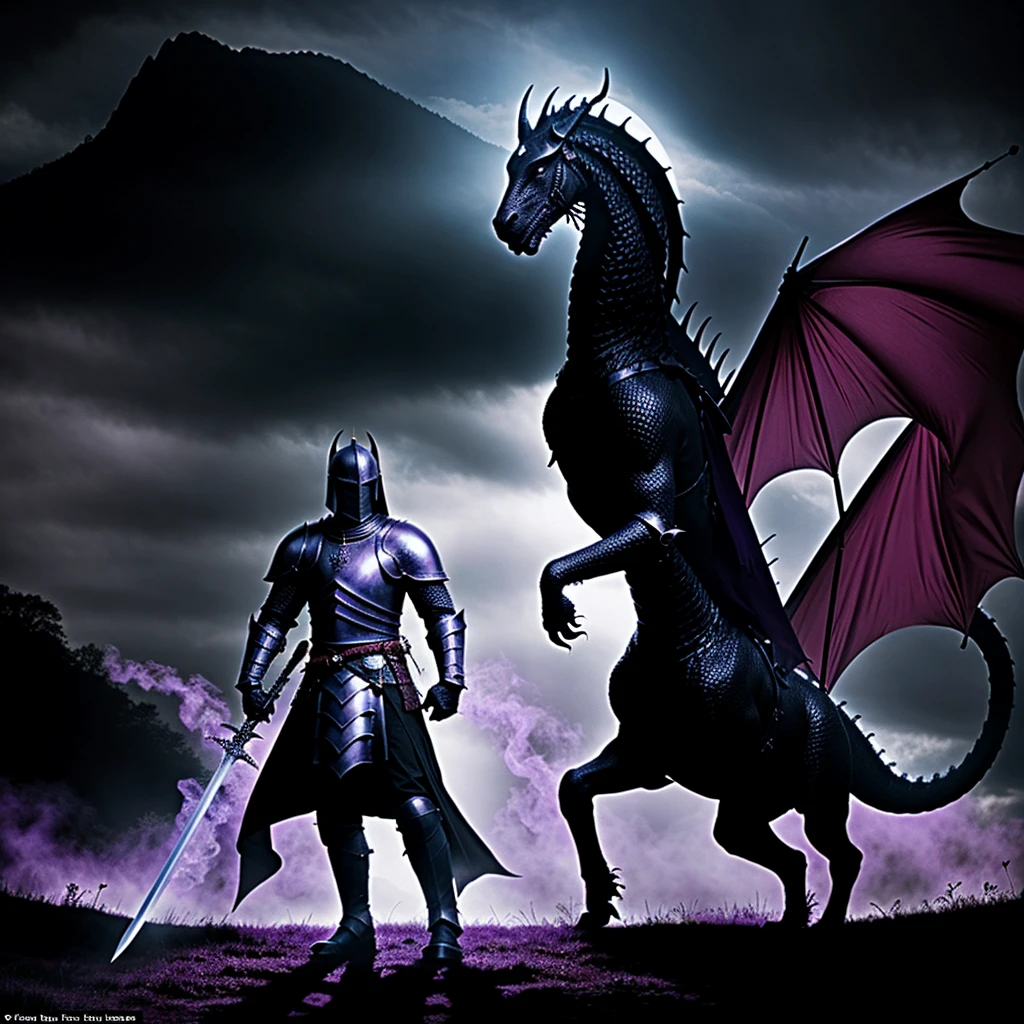 the dark silhouette of a knight carrying a sword, standing in front of a creature with black scales and beautiful purple eyes, the creature resembles a dragon, which surrounds it in a beautiful purple mist, like a movie from the 1970s.