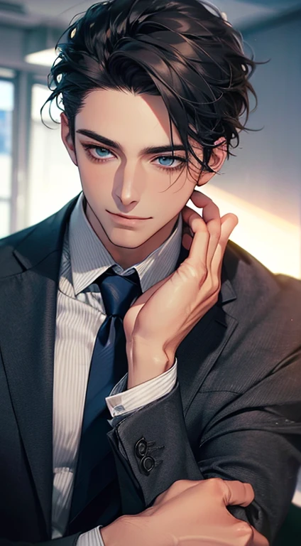 (Highest quality,4K,8K,High resolution,masterpiece:1.2),Super detailed,(Realistic,photoRealistic,photo-Realistic:1.37),1 person,32 years old,Mature Men,Beautiful skin、very handsome,Expressionless,smile,Short gray black hair,blue eyes,Sharp Eyes,A perfect face without a doubt,Businessman,Office Background,Cinema Lighting,HDR image,tie、