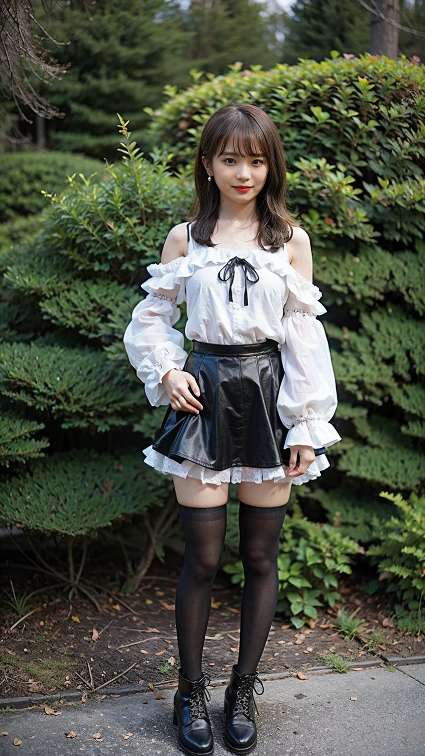(8K、RAW Photos、Highest quality、masterpiece:1.2)、(Highest quality、Realistic)、1 Girl、((Frills、See-through、Off the shoulder、Idol Costume、tights、pink and black mini skirt、Thin legs、whole body、boots、garden、View from the front、Looking into the camera、ribbon、Stand with hands on hips))、cute