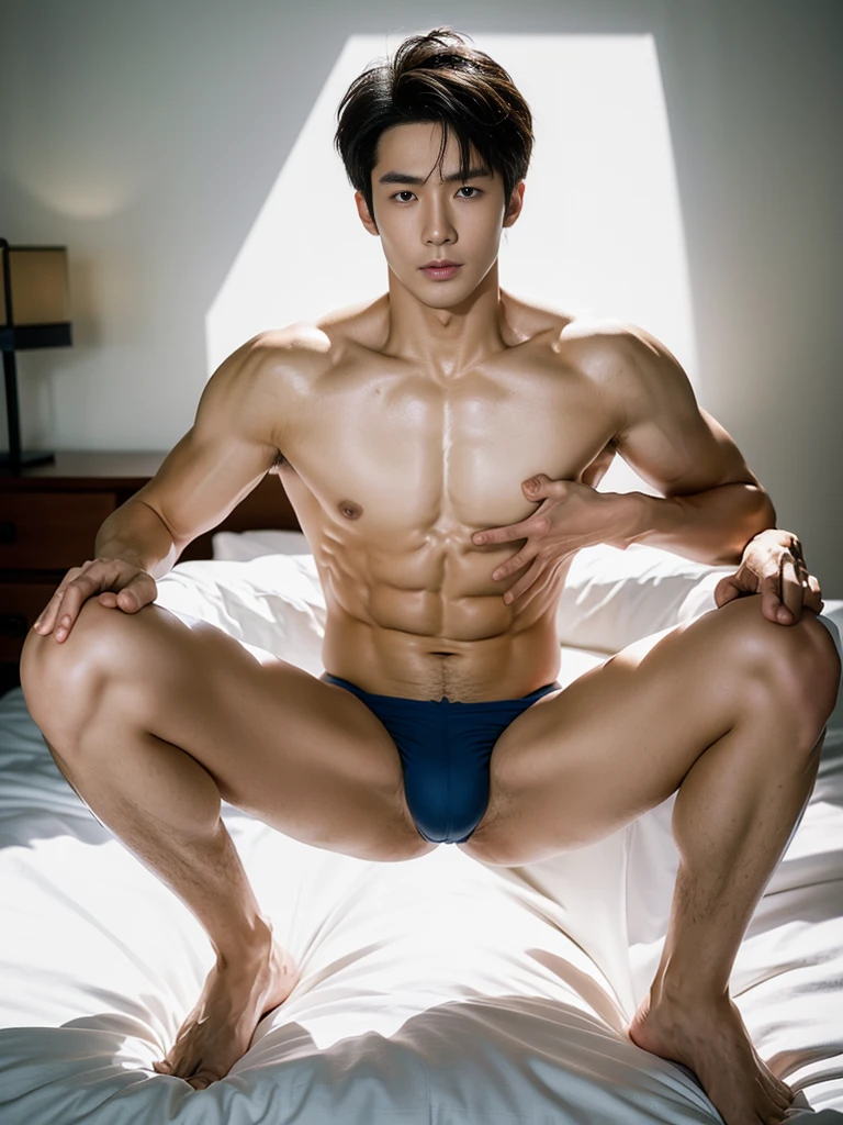 Korean male actor in thongs, handsome Korean guy, handsome man, Full Body Shoot, photoshoot, portrait, studio lighting, look at camera, detailed facial parts, Manly, Charmer, Active Boy, sitting on bed, opened leg, hand catch briefs, anguished expression, perfect anatomy, symmetric body, Asian boy 30years old, shirtless :: high detail, asian, a little six packs attractive body, realistic, human skin, Short Hairstyle, handsome chad chin, shirtless, handsome, attractive, slightly muscular man, masculine, sexually attractive, human skin, (eyes contact), Handsome, Attractive, bulge in thongs, The crotch is raised, lifted arms, squatting, spread legs