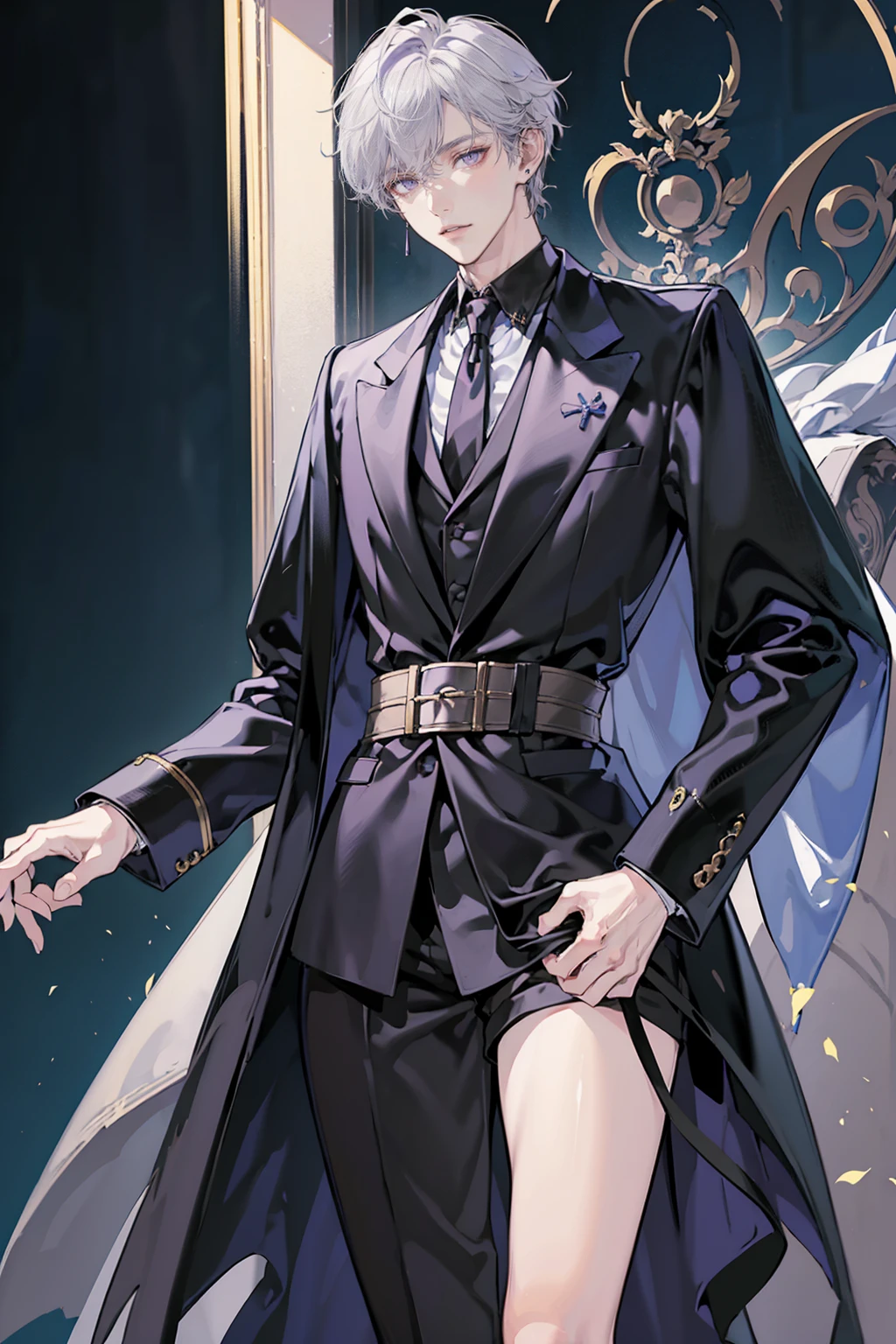 anime - (masterpiece), best quality, seductive eyes, perfect face, handsome man, delicate androgynous prince, beautiful androgynous prince, wearing a black noble suit, purple eyes, middle part haircut, short length white hair, black coat, grey suit, black necktie, full body, long legs, anime cover, 1boy, cross ear rings, hands in pockets
