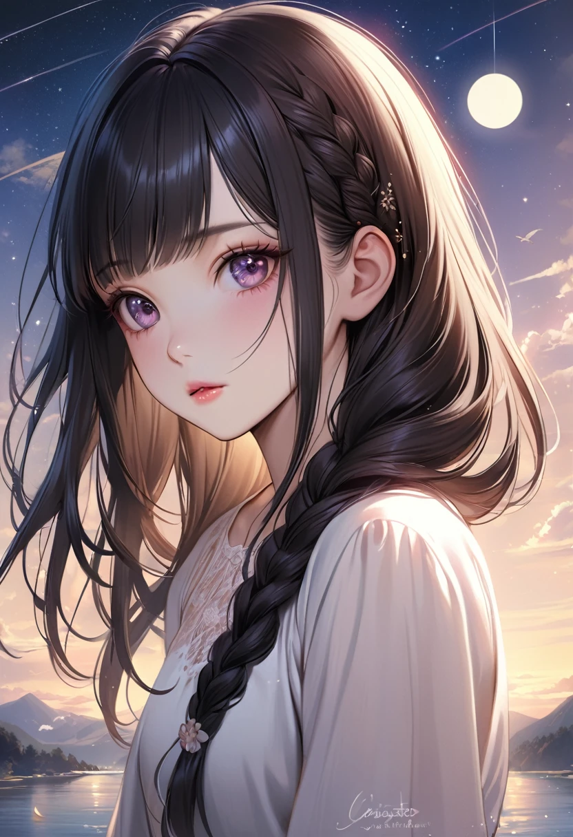 A beautiful woman with long hair wearing a white shirt, cute anime-style face, realistic anime girl, Chisato, black hair with bangs, Kurumi, cute and delicate face, young cute pale Asian face, Sakimichan, midday moon and stars in the sky, female, braid, The hair is braided