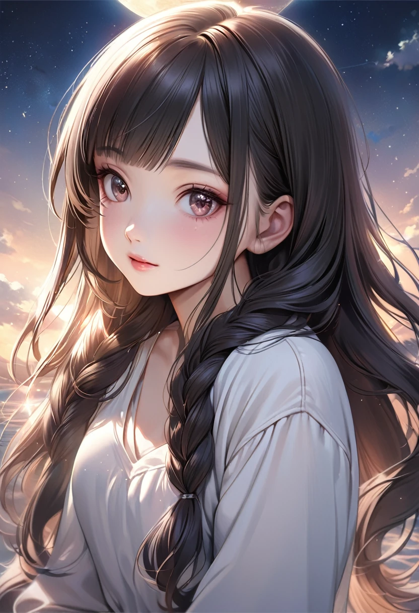 A beautiful woman with long hair wearing a white shirt, cute anime-style face, realistic anime girl, Chisato, black hair with bangs, Kurumi, cute and delicate face, young cute pale Asian face, Sakimichan, midday moon and stars in the sky, female, braid, The hair is braided
