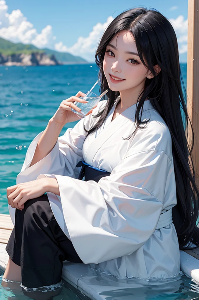 Smiling beautiful woman with black hair and white kimono drinking water under the blue sky