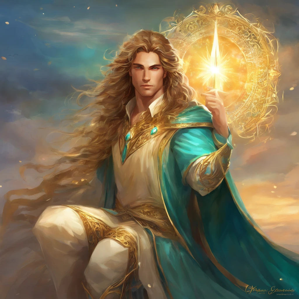 In the grand halls of Caledonia, Asher stood tall, the very image of regal splendor at the age of 18. As the prince and heir apparent to the throne, his presence commanded attention. His long, wavy golden blonde hair cascaded like a waterfall down his back, shimmering in the light as if kissed by the sun itself. His teal eyes, reminiscent of the crystal-clear shores that bordered his kingdom, held an intensity and wisdom beyond his years.

Asher was clad in a flowy, majestic white robe that draped elegantly around his frame, adorned with intricate golden trimmings that spoke of his royal lineage. A sweeping cape flowed behind him as he moved, adding to his aura of authority and grace. Despite his youth, there was an air of responsibility and determination about him, as though he were already preparing to shoulder the weight of a kingdom.