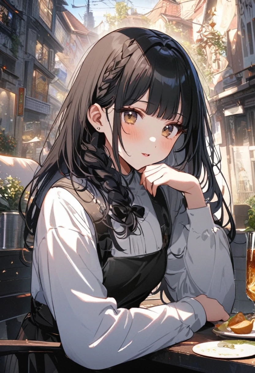 there is a woman with long hair and a white shirt, braid,Ulzan, Cute and natural anime face, Girl Cute - Delicate Face, Anime girls in real life, Chiho, She has black hair,With bangs, black hime cut hair, WAN cute Korean face, With a cute and delicate face, Young cute pale Asian face, There is a midday moon and a midday star in the sky of Sakimichan, 女性 is at messy downtown, rest ,quality\(8K,Extremely detailed CG unit wallpaper, masterpiece,high resolution,top-quality,top-quality real texture skin,Surrealism,提high resolution,original photo,Best quality,Very detailed,wallpaper,light,Ray Tracing,Golden Ratio\),(Long Shot),Wide-angle lens,