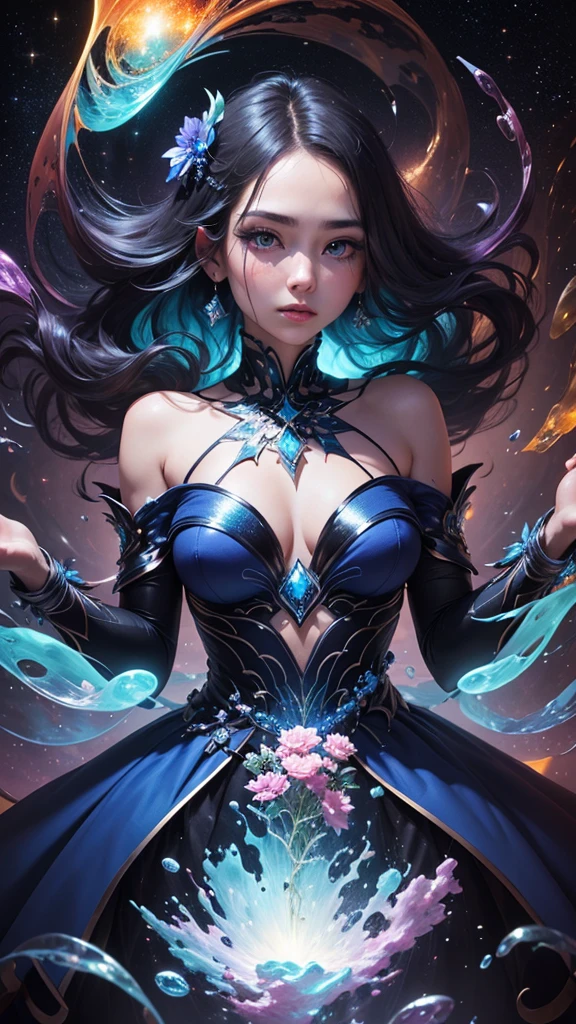 (masterpiece、Highest quality、beautiful:1.2)、(beautifulスプラッシュアート:1.6)、1 Girl、 (Sapphire blue round eyes、Cosmic Eyeshadow Color、Enchanting eyelashes)、Glossy lip、Fair face、A blank gaze stares out at the galaxy、Transparent, shiny skin、Fair Hand、colorful、Agnes Cecil Style、Mysterious and enchanting atmosphere、Ingredients to mix、Intertwined material、Best Abstract Art、Surreal、A chaos of overlapping bright and transparent holographic colors、Fine star scattering、(Thick and unstable strokes:1.2)、Spectacular galactic background