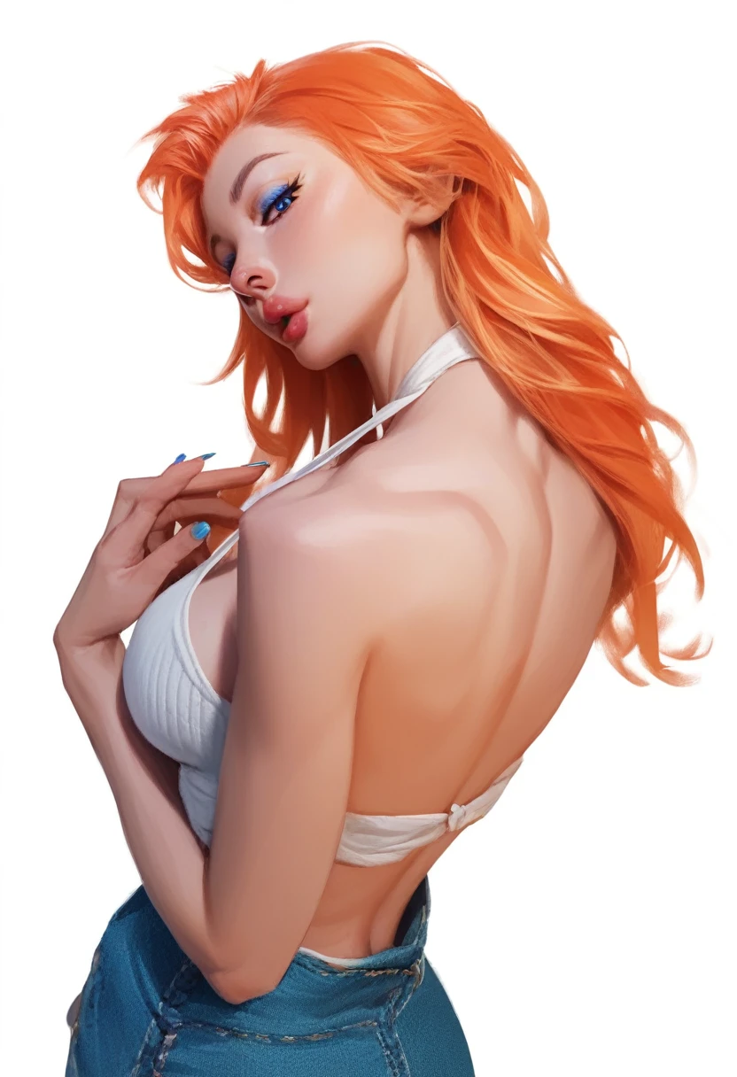 fuzzy, traditional art, Liu2, brush texture, check_9, check_8_up, check_7_up, 1 girl, orange hair, up to the shoulder blades, straight hair, long hair, Blue eyes, Plump lips, Long eyelashes, half-closed eyes, adult, beautiful make-up, big breasts, blue eyeshadow, Looking at the viewer, BREAK solo, standing, adult, skinny, high leg, arched back, hip gap, BREAK (White background:1.2), simple background, dynamic pose, dynamic angle, Corner shot, casual wear, Beautiful anatomy, perfect hands, High-quality fingers, good hands, high detail, detailed art