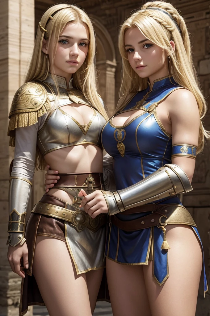 mother and daughter portrait break: mature woman, roman warrior, queens blade , middle age, blonde, detailed face, curvy, fighter position, background in uk land break:  girl, roman warrior, princess blade , 14 yenager girl, s breasts, mini cropped, valkyrian princess ,blonde, detailed face, beautiful, confiant, background in uk land with flowers, nsfw soft
