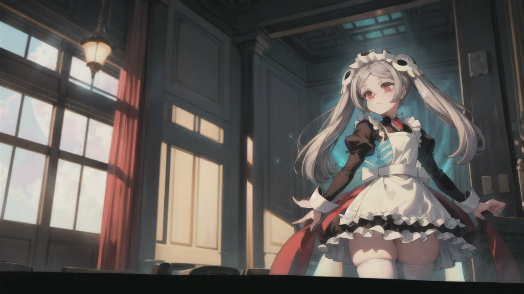 1girl, solo, indoors, skg_marie, maid, maid apron, maid headdress, twin tails, skull hair ornament, red brooch, juliet sleeves, black shoes, white thigh high stockings, light rays, glow, (masterpiece), highlight thighs, thick thighs, highlight buttocks, (front view)