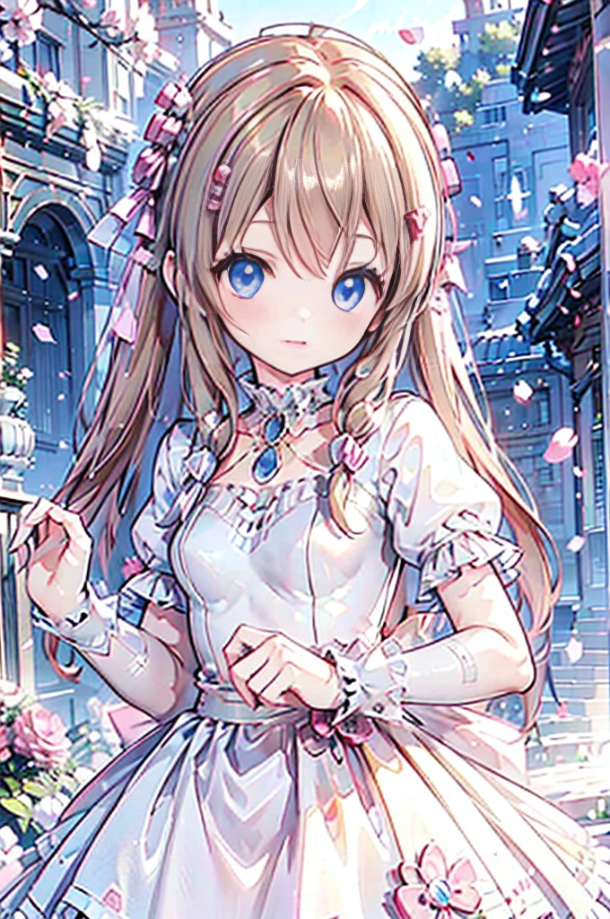 Solo girl, brown twin tails, braid hairs, blue eyes, princess dress, posing, anime girl, focus on hair