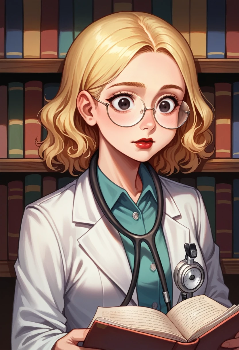 best quality, ultra details), a woman reading a nursing book ,Round face, looking 35 years old, beautiful detailed eyes, (eyes browns:), short wavy blonde hair,beautiful detailed red lips, corpo mid size,studying , a quiet library, serene experience,soft natural lighting, Shelves full of books, reading glasses (fkr , concentrated expression, Round face, corpo mid size, white labcoat,stethoscope around the neck, dramatic light  (best quality, ultra details),
