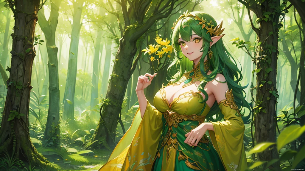 a beautiful eladrin girl with curly green hair, orange eyes, and green skin, smiling and wearing azaleas in her hair, standing in a lush forest environment, (best quality,4k,8k,highres,masterpiece:1.2),ultra-detailed, extremely detailed face and eyes, intricate floral details, dramatic lighting, vibrant colors, fantasy art