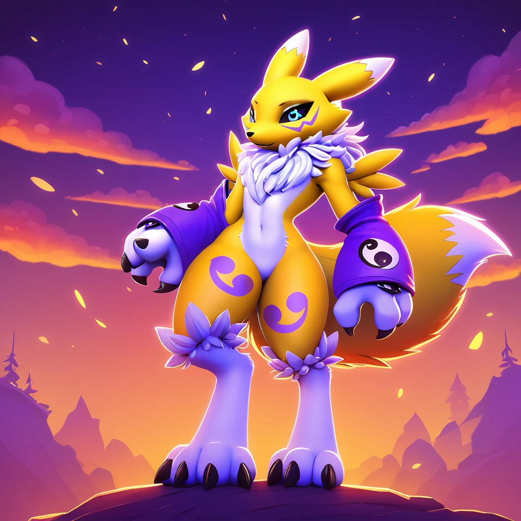 super fluffy renamon in dreamworks art style, evening background