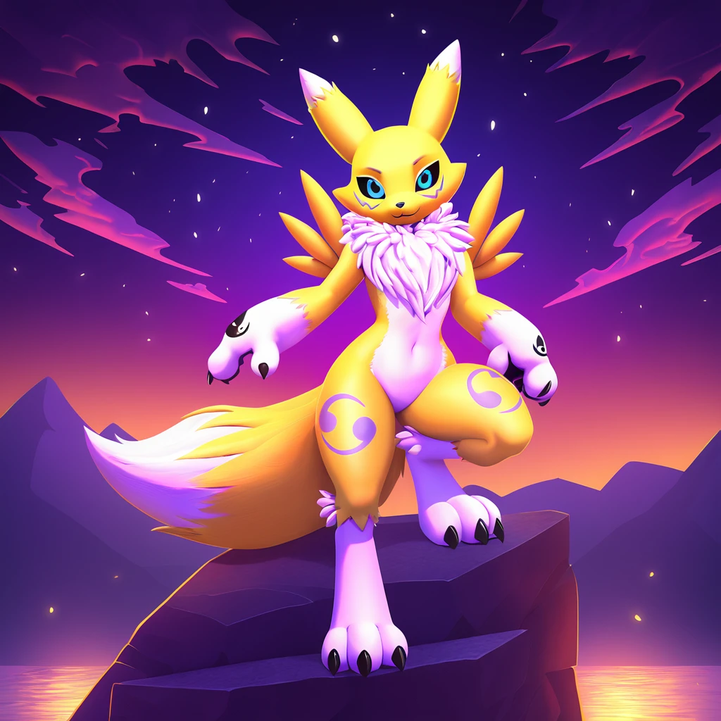 super fluffy renamon in dreamworks art style, evening background