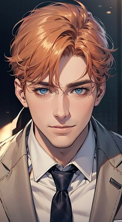 (Highest quality,4K,8K,High resolution,masterpiece:1.2),Super detailed,(Realistic,photoRealistic,photo-Realistic:1.37),1 person,33 years old,Mature Men,Beautiful skin、very handsome,Expressionless,smile,Short gray pi
Orange hair,blue eyes,Sharp Eyes,A perfect face without a doubt,Businessman,Office Background,Cinema Lighting,HDR image,tie、
