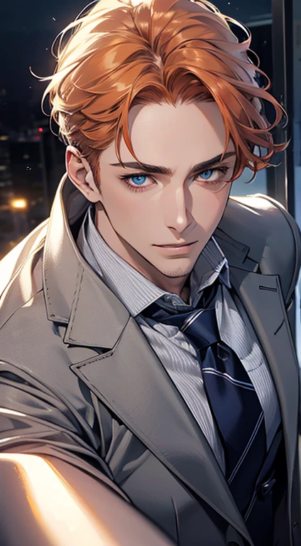 (Highest quality,4K,8K,High resolution,masterpiece:1.2),Super detailed,(Realistic,photoRealistic,photo-Realistic:1.37),1 person,33 years old,Mature Men,Beautiful skin、very handsome,Expressionless,smile,Short gray pi
Orange hair,blue eyes,Sharp Eyes,A perfect face without a doubt,Businessman,Office Background,Cinema Lighting,HDR image,tie、