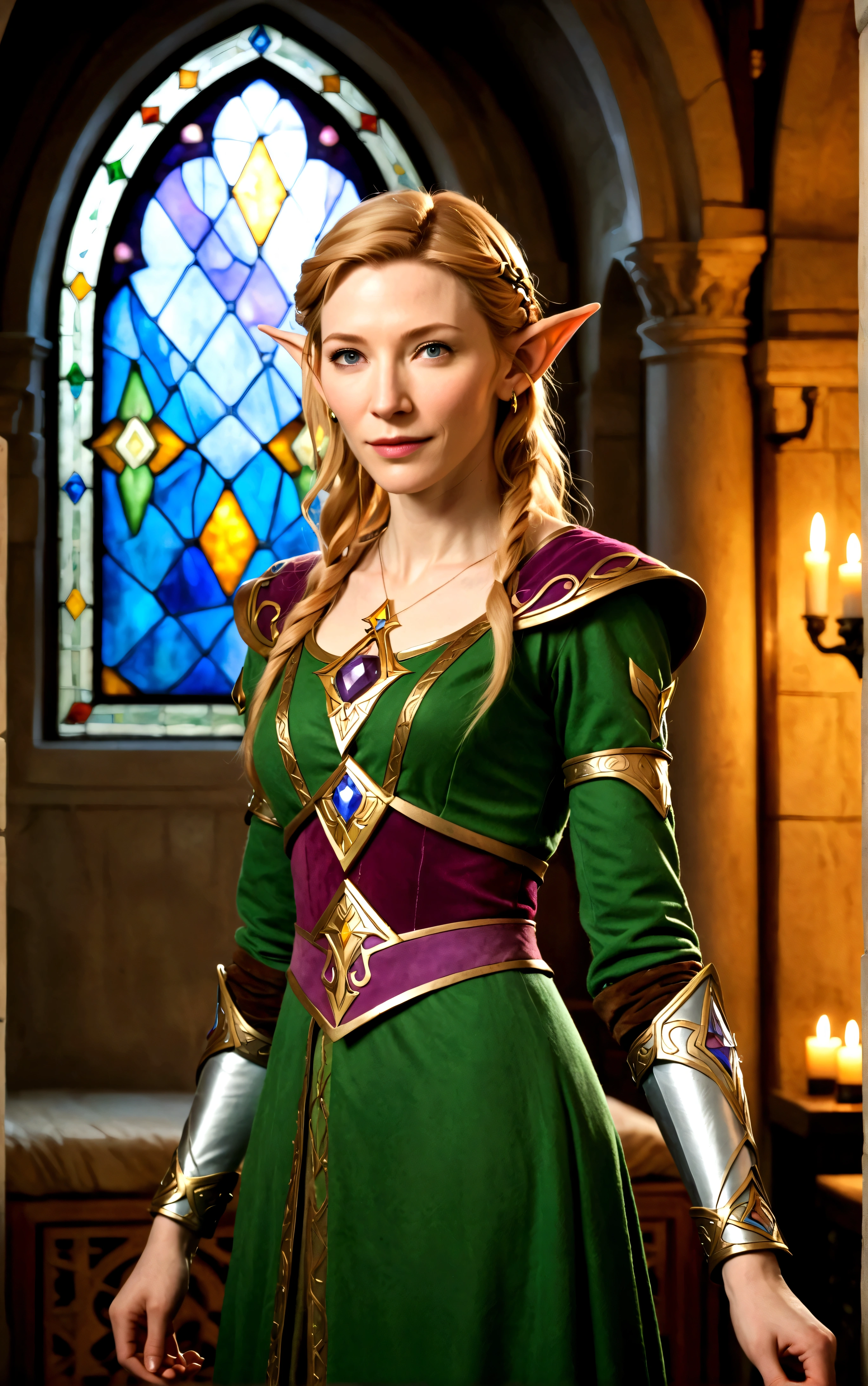 Cate Blanchett (age 25, elf ears, Twilight princess Zelda costume), heroic pose, lavish room with stained glass