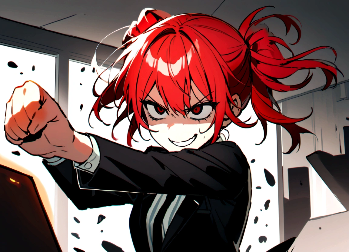 Red hair, black suit, punches, scary smile, office, destroying personal computer, flying debris