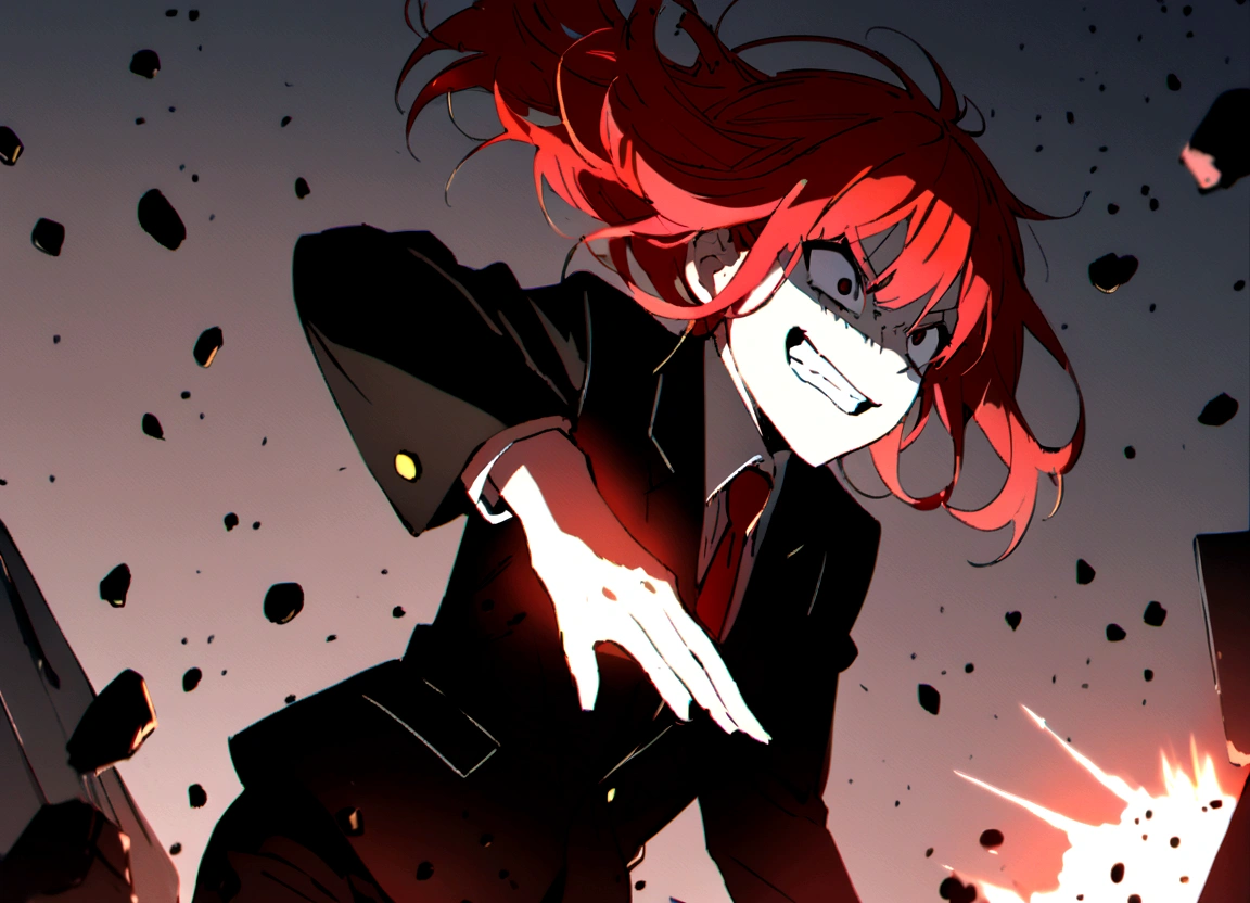 Red hair, black suit, punches, scary smile, office, destroying personal computer, flying debris