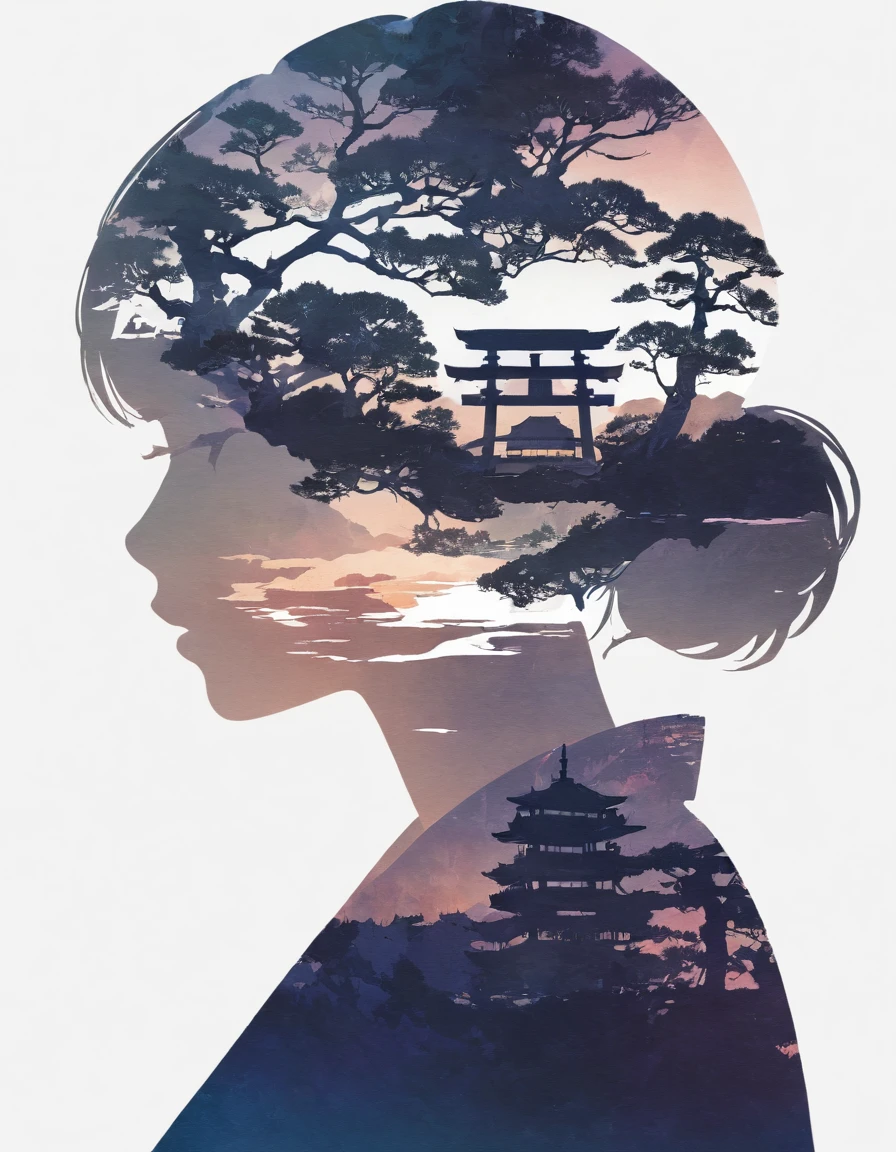 Silhouette of a girl, Lots of Japanese scenery , Modern Japanese Landscape, close, Double Exposure, White Background