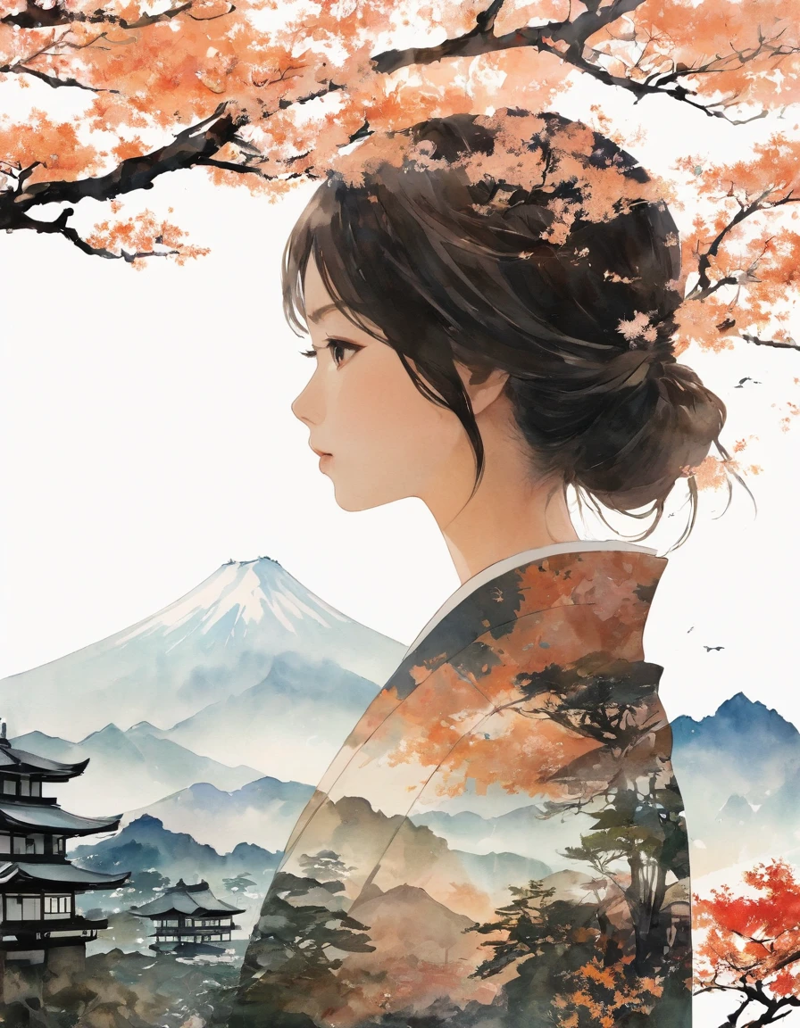 Silhouette of a girl, Lots of Japanese scenery , Modern Japanese Landscape, close, Double Exposure, White Background