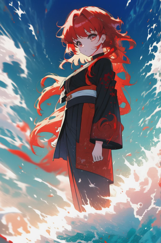 Redhead girl with wavy hair, visiting akatsuki outfit 