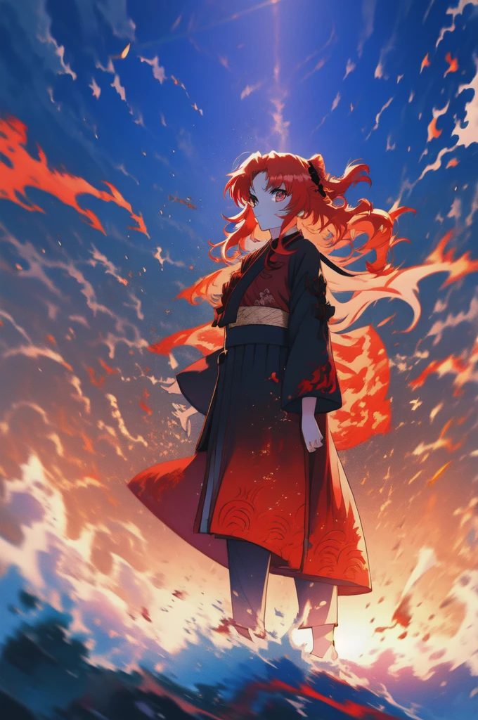 Redhead girl with wavy hair, visiting akatsuki outfit 